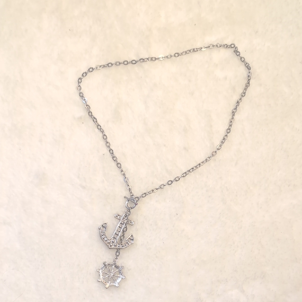 Silver Rhinestone Anchor & Ship's Wheel Necklace✨